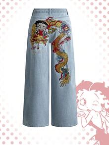 Betty Boop | ROMWE 春夏圖案聯名龍刺繡低腰寬鬆寬腿牛仔褲 - 淺藍色 - 查看 3