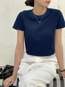 Dazy-Less Solid Crew Neck Crop Tee Summer Preppy Tops Business Casual Woman Work Clothes - Navy Blue - View 5