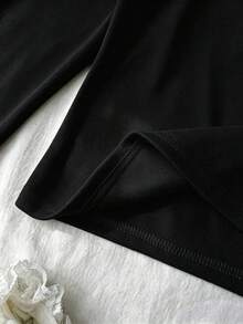 Teen Girls T-Shirts Autumn New Casual Minimalist Versatile Black Solid Color Knitted Ruched Chest Slim Fit Long Sleeve T-Shirt - Black - View 6