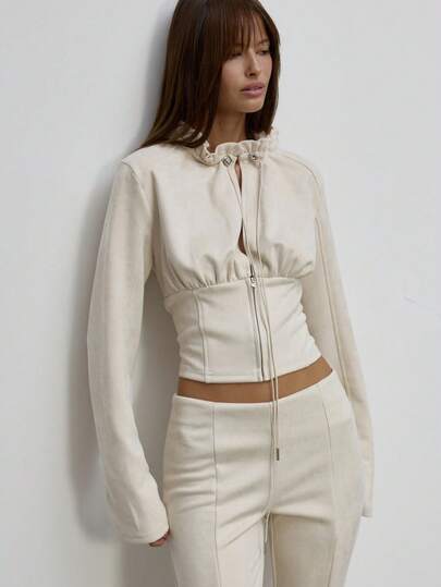 MUSERA Chaqueta de ante estilo corsé con cuello alto, cremallera y volantes en color beige, linda, dulce y traviesa, para uso diario, estilo femenino, para verano y otoño