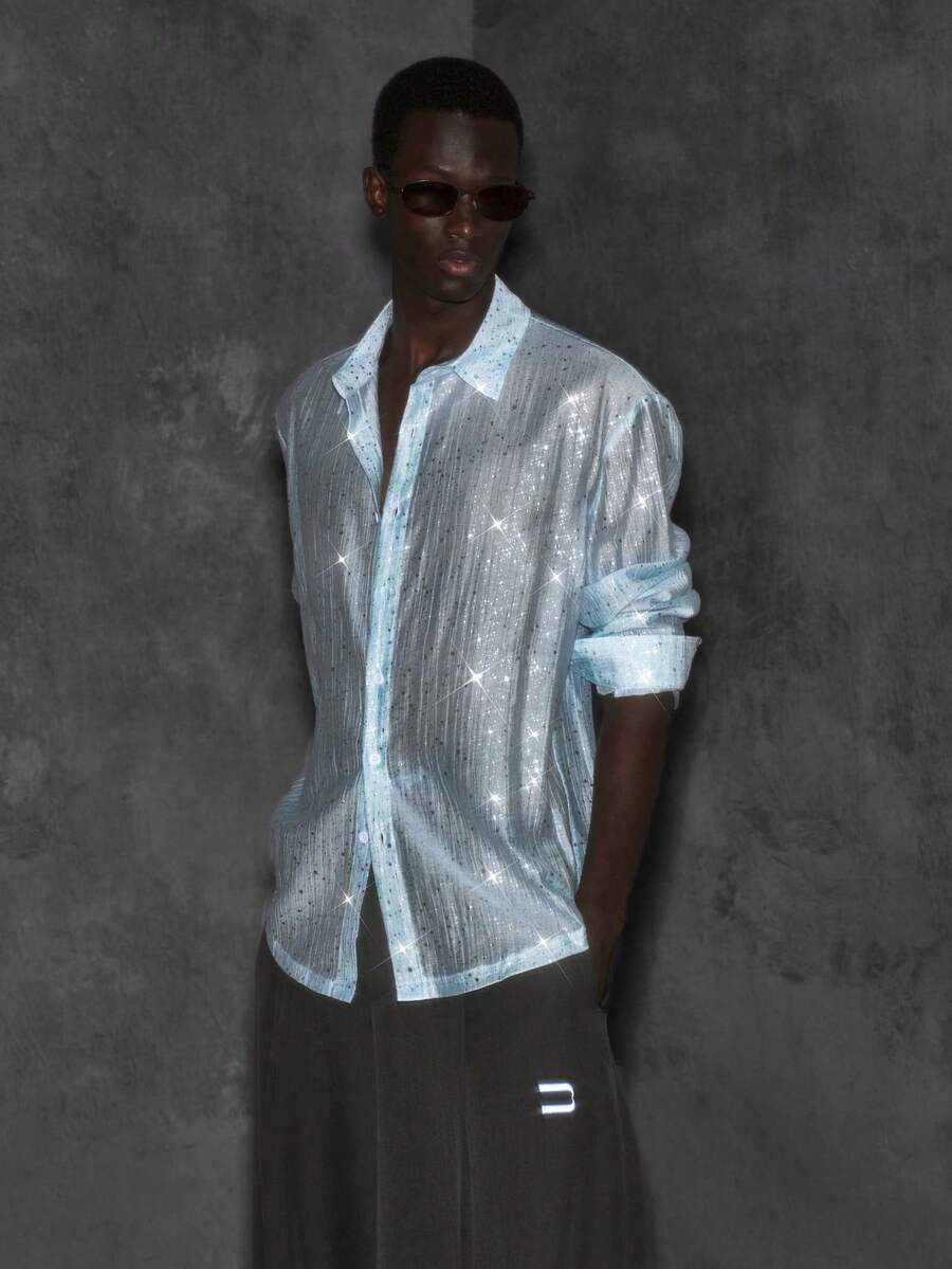 NEON BLANC Men's Knitted Fashion Casual Loose Short Sleeve Shirt - Silver - View 1