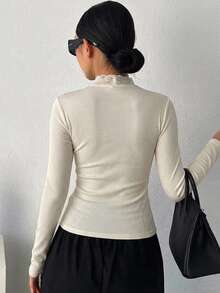 DAZY Top de capa base de punto con cuello semi alto y cinta de encaje para mujer - Albaricoque - Ver 4