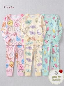 2 Pieces Girls' Tight Long Sleeve Pants With Cute Heart & Bow Full Print, Best Gift For Girls, Home Wear, Versatile Fashion, Best Choice - Pink - View 1