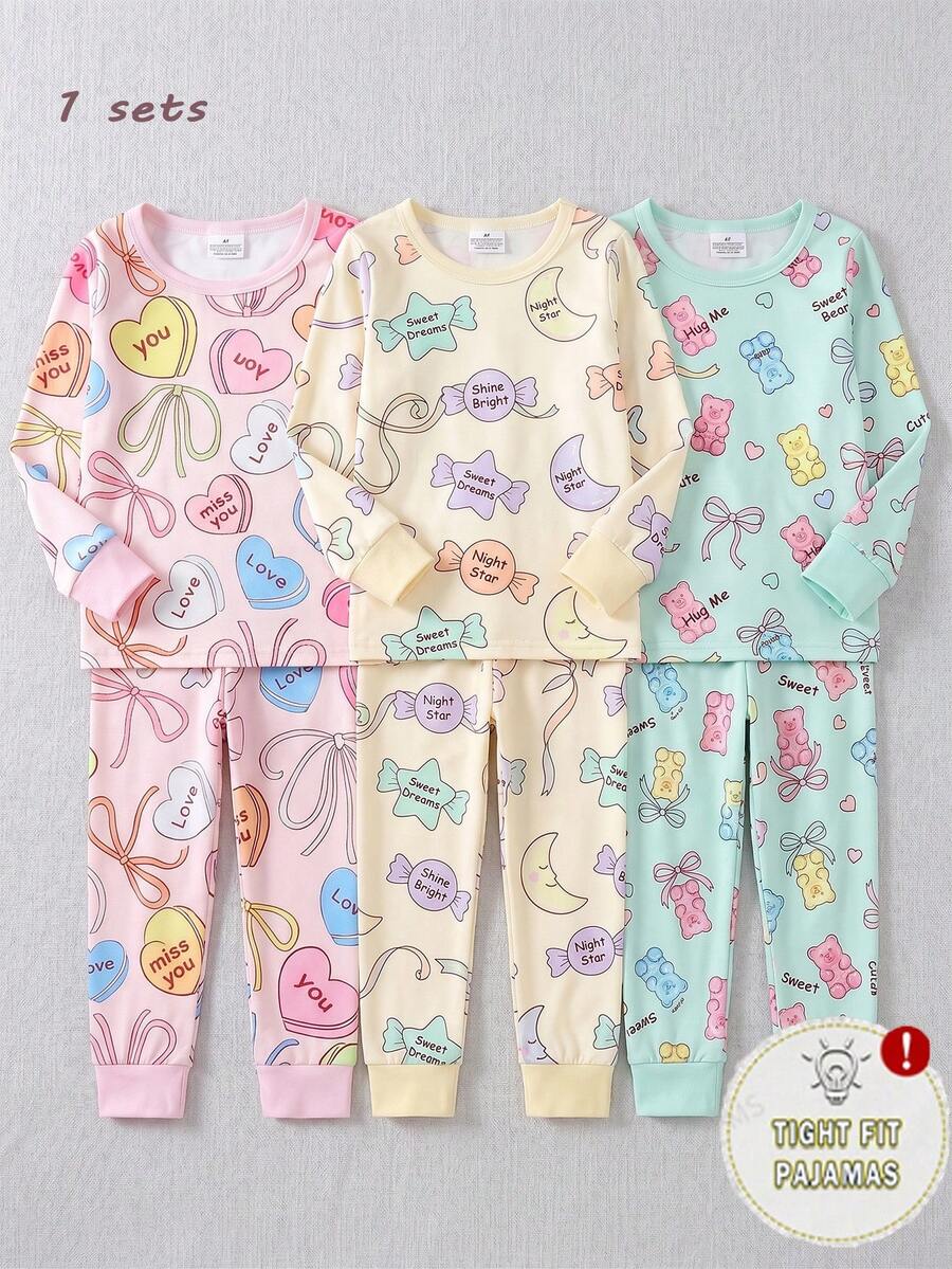 2 Pieces Girls' Tight Long Sleeve Pants With Cute Heart & Bow Full Print, Best Gift For Girls, Home Wear, Versatile Fashion, Best Choice - Pink - View 1