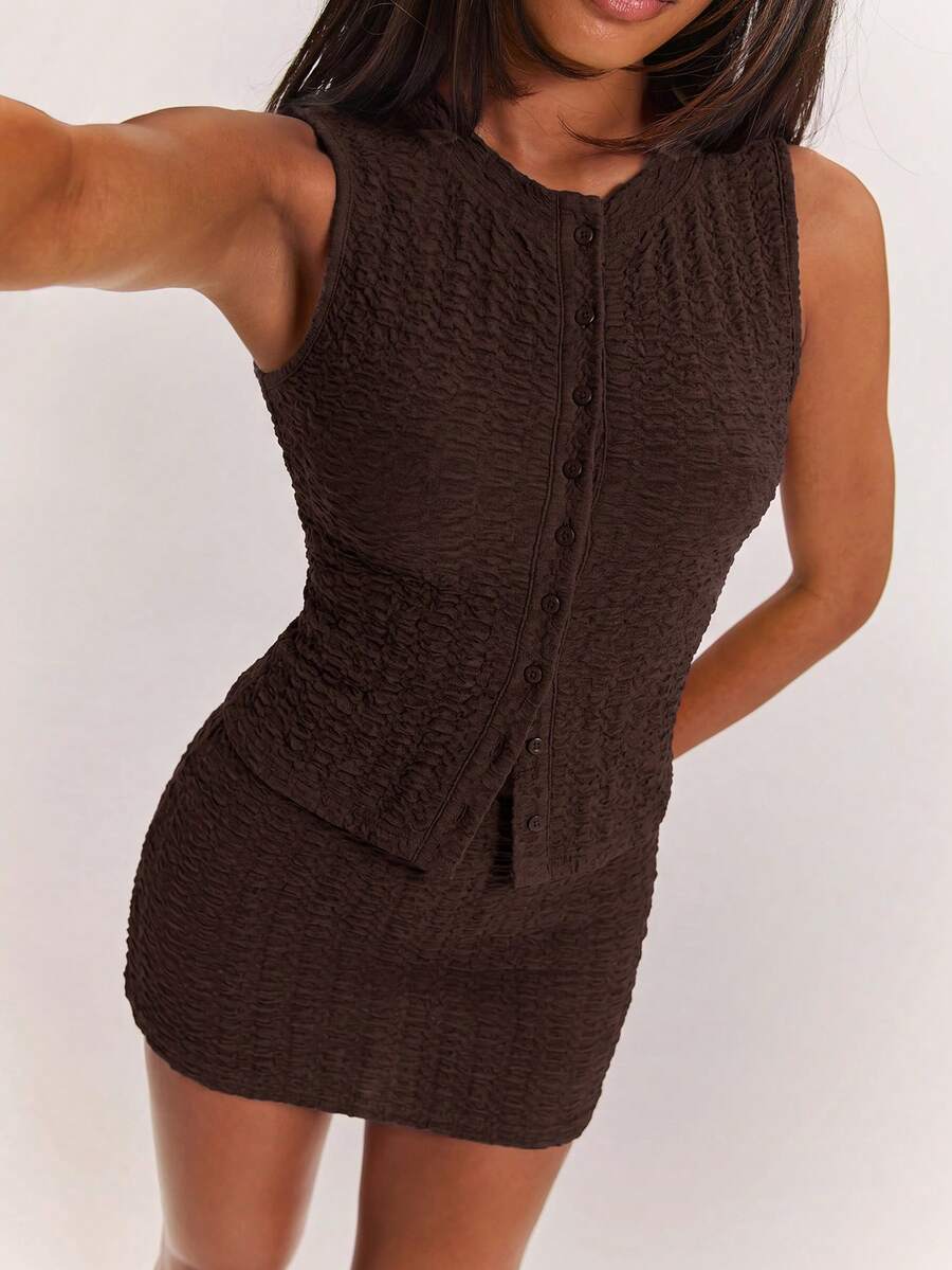SHEIN BAE 女款純色單排扣背心與緊身裙休閒套裝 - 棕色 - 查看 1