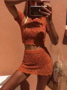 SHEIN Holidaya Women's Elegant Tropical Solid Color Knit 2 Pieces Set Beach Vacation Burnt Orange Autumn - Burnt Orange - View 4