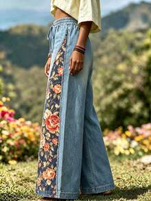 Selamara Celana Jogging Longgar Wanita Warna Biru Muda dengan Efek Denim dan Motif Patchwork, Cocok untuk Liburan Musim Panas, Gaya Boho. - Putih - View 4