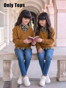 Genkimix Kids 返校季女童 (4-7歲) 學院風 2合1保暖秋季套裝－棕色V領抓絨內裡套頭衛衣搭配格紋長袖領襯衫－經典英式格紋－適合返校、校園日常、家庭拍照、秋季旅行－休閒舒適時尚 - 棕色 - 查看 5