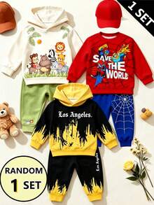 SHEIN 1 Random Set,Baby Boys Superhero Spider Web Print Color Block Sweatshirt Set Fall Cute Red Blue Letter Ribbed Cuffs Long Sleeve School Outfits - Multicolor - View 1