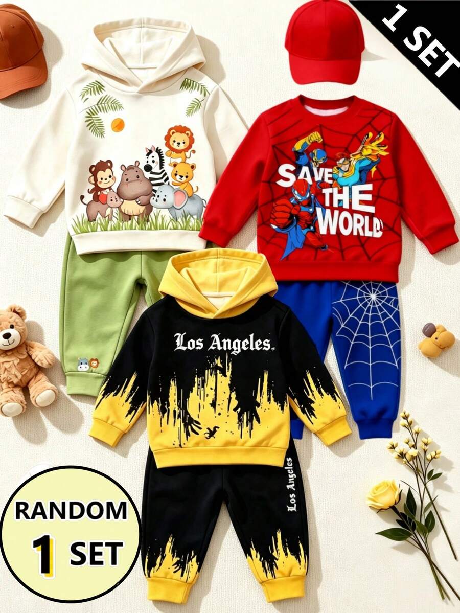 SHEIN 1 Random Set,Baby Boys Superhero Spider Web Print Color Block Sweatshirt Set Fall Cute Red Blue Letter Ribbed Cuffs Long Sleeve School Outfits - Multicolor - View 1