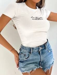 EURMUSE Letter Graphic Ribbed Knit Tee - White - View 3