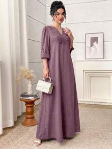 Al Najma Women's Notch V-Neck Casual Party & Travel Arabian Dress - Dusty Pink - View 4