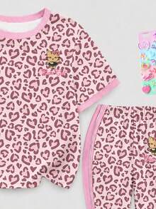 Young Girl Casual Minimalist Cartoon Pattern Round Neck Short Sleeve Top & Flare Pants 2pcs Set Suitable For Summer - Multicolor - View 3