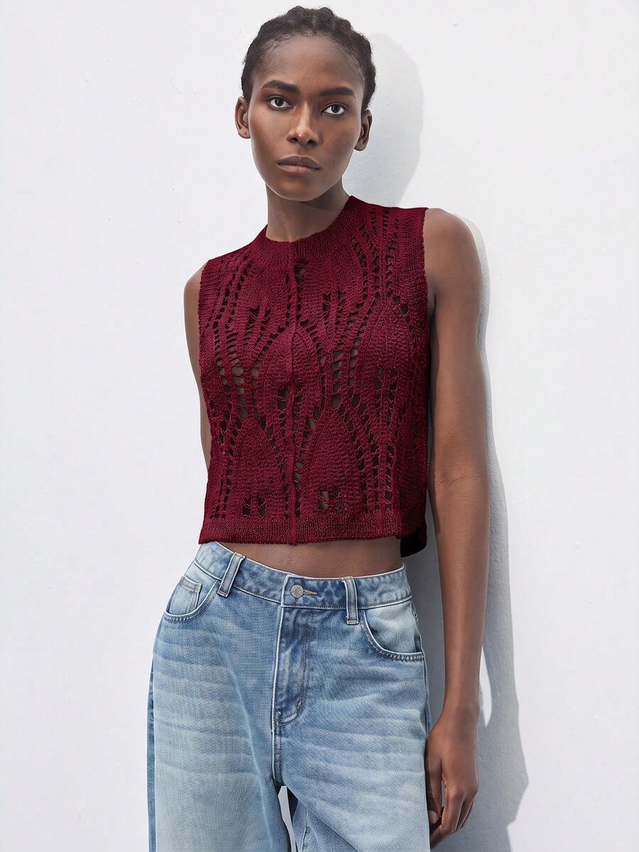Maija Women's Solid Color Sleeveless Hollow Knit Top, St. Patrick's Day, Spring Break, Easter - Burgundy - View 1