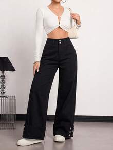 SHEIN Tall Women's Fashion Versatile Straight Leg Denim Jeans Everyday School Black Summer Casual - Black - View 4