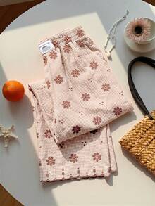 Comfortcana 2026 春夏新款女款橘色格紋花卉刺繡寬腿褲，冬季、復活節、派對、海灘、婚禮、畢業、優雅、休閒、度假、運動、正式、Y2k、商務、亮片、流蘇、荷葉邊、花卉、圖案 - 卡其色 - 查看 7