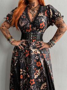 Whyspr Halloween Cottage Punk Goth Große Größen Bedrucktes Puffärmel Kurzarm Kleid mit geraffter Taille und Spitzen-Patchwork - Schwarz - Übersicht 4