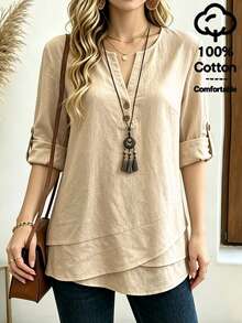 SHEIN Oatmeal Solid Color Washed Textured Round Neck Half-Open V-Placket With Two Brown Wooden Buttons Cuff Button Loops Foldable Double-Layer Asymmetrical Curved Hem Loose Mid-Length Shirt - Apricot - View 5