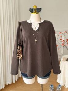 Comfortcana Plus Size Thin Brown Vintage Distressed Cotton Sweatshirt Fall - Brown - View 5