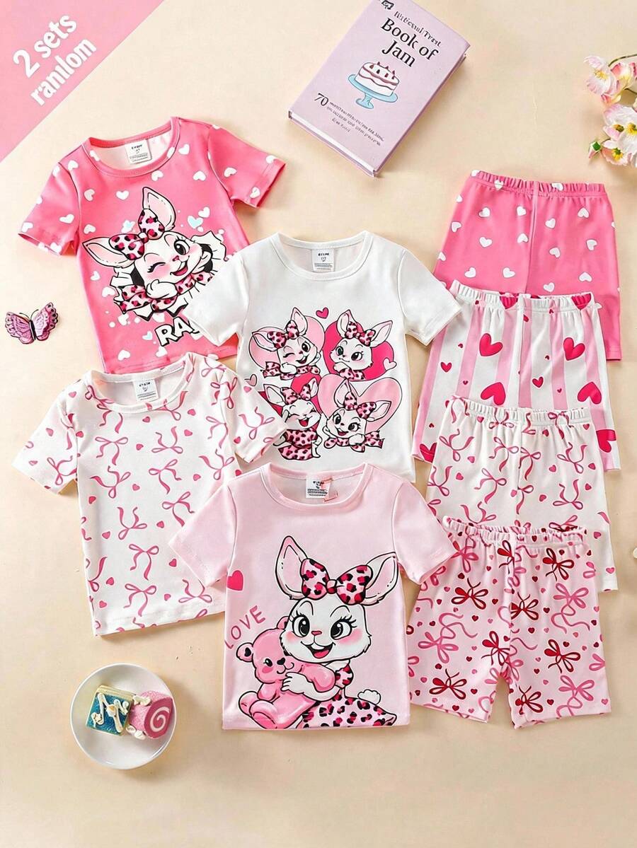 SHEIN 4件/2套隨機女童幼兒圓領短袖短褲套裝,貼身修身,可愛兔子愛心蝴蝶結粉色甜美舒適柔軟居家服,閨蜜禮物,送給自己的最佳禮物 - 彩色 - 查看 1