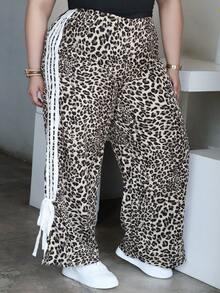CHERRY TINTT SELECTION Plus Size Leopard Print Patchwork Casual Pants, Comfortable For Everyday Wear, Autumn/Winter - Multicolor - View 4
