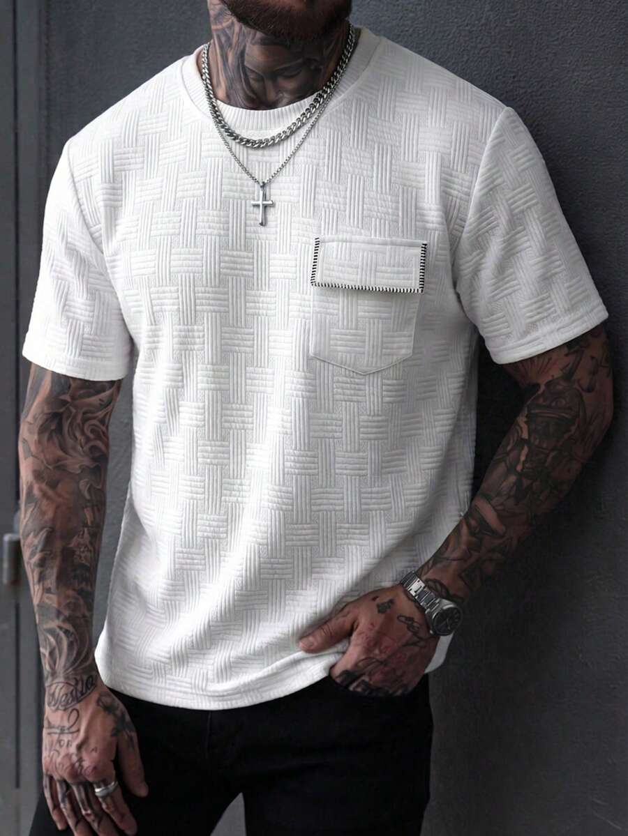 Manfinity Homme Men's Knitted Jacquard Solid Color Textured Collar Ribbed Cuff Pocket With Embroidered Lip T-Shirt - White - View 1