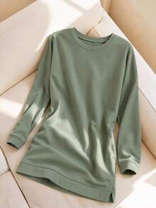 WovenCharm Drop Shoulder Split Hem Sweatshirt Dress - Mint Green - View 7