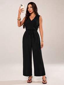 SHEIN PETITE Women's Solid Color Backless Tie Loose Wide Leg Sleeveless Jumpsuit Black Summer Casual Black - Black - View 5