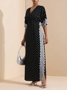 Balvessa French Vintage Style Polka Dot V-Neck Lace Patchwork Split Maxi Dress - Black - View 8