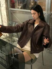 DAZY 女款寬鬆休閒皮夾克外套，標準版型，秋冬新款 - 棕色 - 查看 6