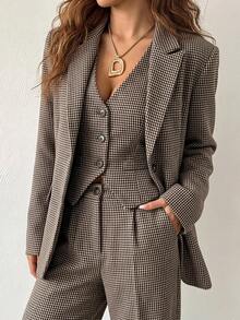 SHEIN EZwear 秋冬商務女款棕色格紋編織西裝外套、單排扣背心與長褲套裝 - 摩卡棕 - 查看 7