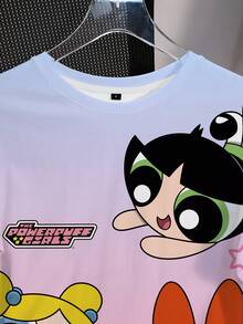 THE POWERPUFF GIRLS X SHEIN 女款圓領漸層色字母卡通印花休閒日常夏季T恤 - 白色 - 查看 5
