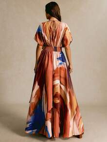 CielaLinda Women's V-Neck Printed Asymmetric Hem Dress Vacation Dress Brunch Vacation Brown And Pink Summer Elegant - Multicolor - View 2