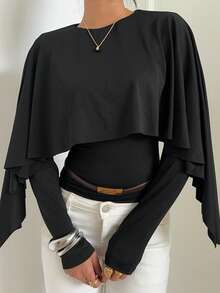 Aloruh Long Sleeve Cape Top Elegant Romantic Minimalist Office Commute Long-Sleeve Top Cape Top - Apricot - View 1