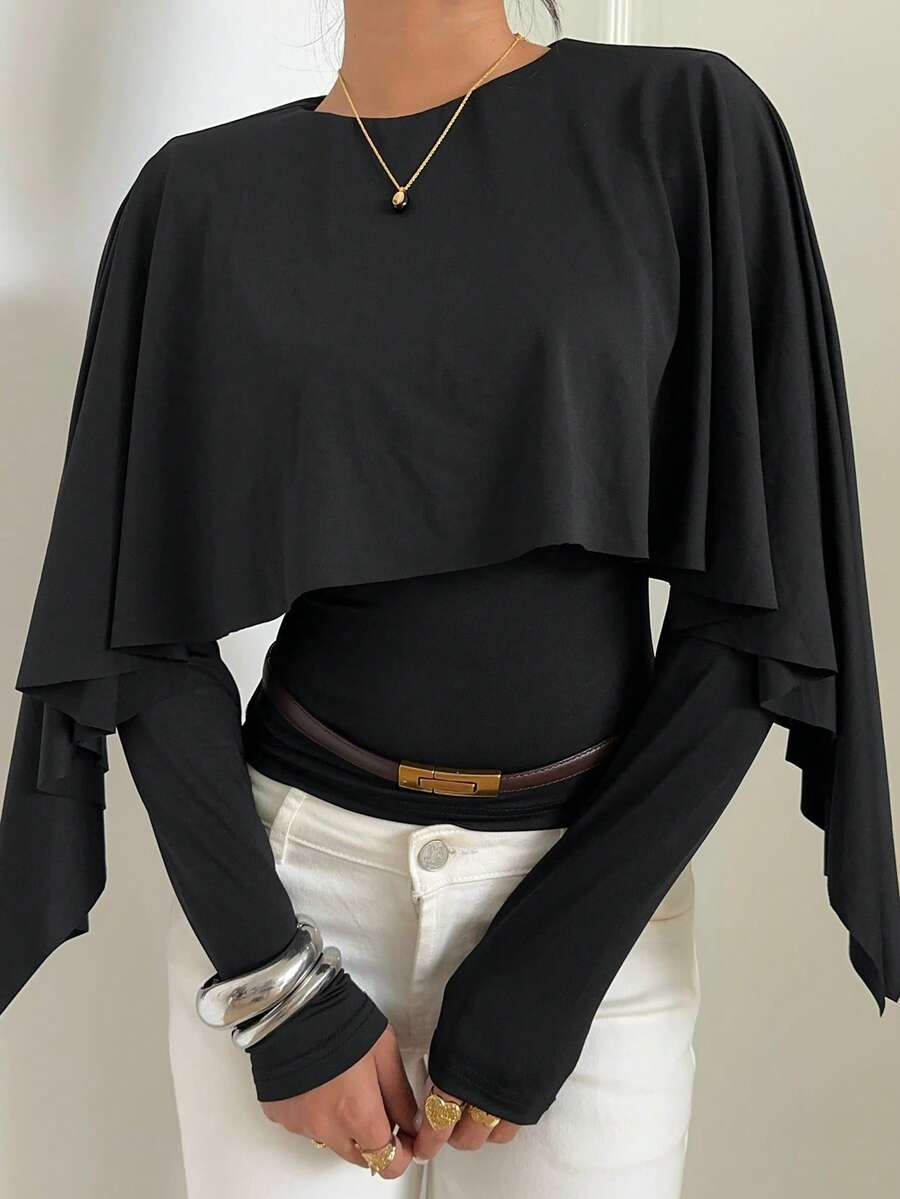Aloruh Long Sleeve Cape Top Elegant Romantic Minimalist Office Commute Long-Sleeve Top Cape Top - Apricot - View 1