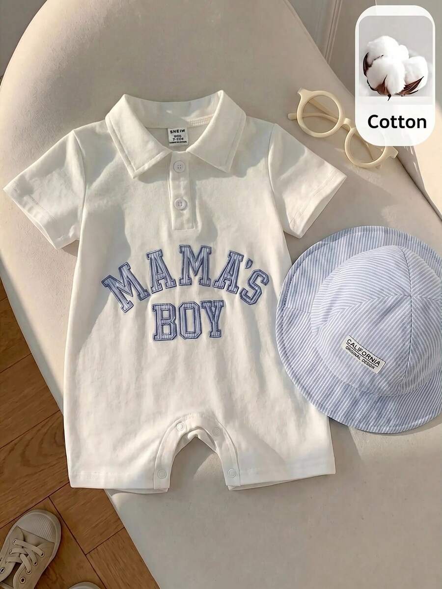 SHEIN 2pcs/Set Unisex Newborn/Baby Boy/Girl Striped Short Sleeve Romper And Sunhat Set, Spring/Summer Baby Clothes Outfit - White - View 1