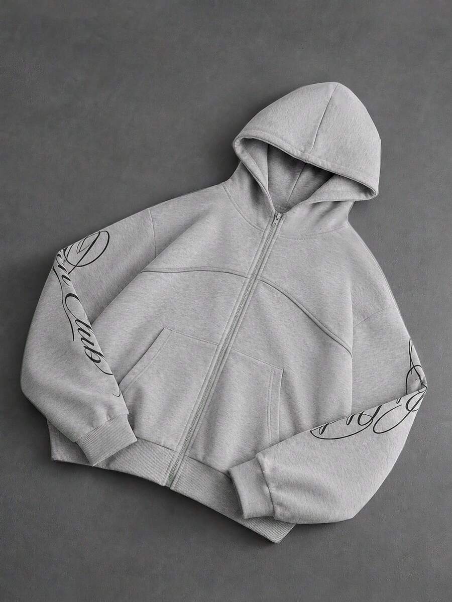 ROMWE MEN Street Life Deconstructed Patchwork Floral Letter Print Loose Hoodie - Grey - View 1