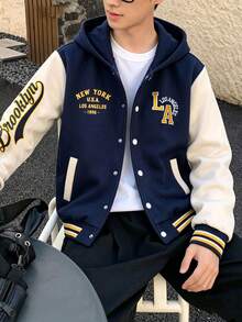 SHEIN Genkimix Kids Boys' Hooded Jacket With Front And Sleeve American Retro Yellow Letter Print Pattern Knit Sweatshirt Fabric Navy Blue And Apricot Color Block Design D - Multicolor - View 2