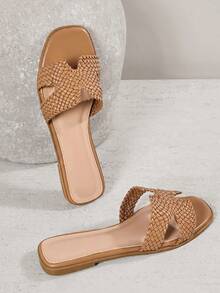SHUZIA Women's Square Toe Hand Woven Vegan Leather Tan Slide Sandals – Inspired By Designer Aesthetic, Wide Fitting Minimalist & Elegant,Travel Essentials For Summer - Mocha Brown - View 1