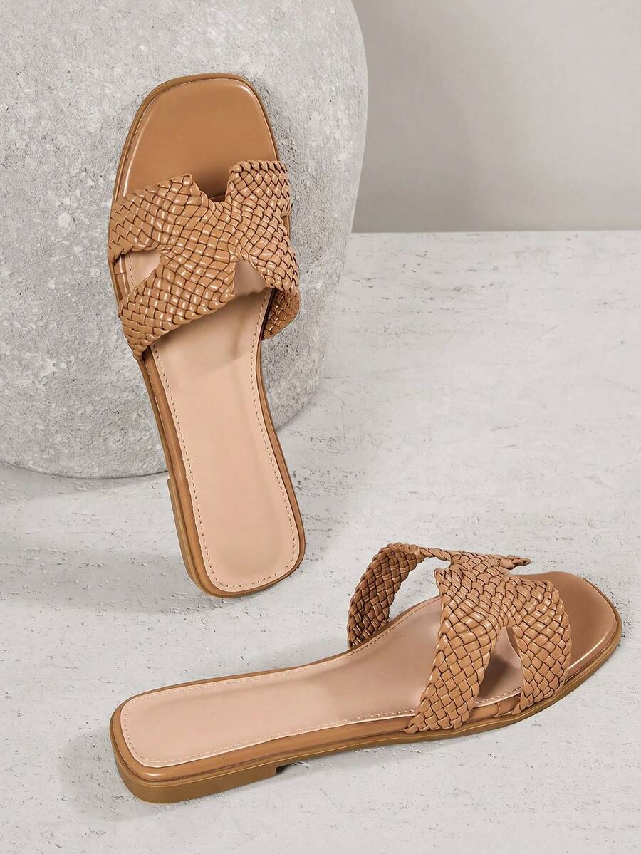 SHUZIA Women's Square Toe Hand Woven Vegan Leather Tan Slide Sandals – Inspired By Designer Aesthetic, Wide Fitting Minimalist & Elegant,Travel Essentials For Summer - Mocha Brown - View 1