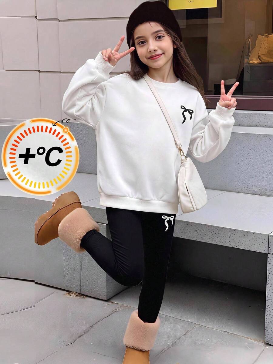 Girlism 青少年女孩連帽衫與運動衫套裝,白色蝴蝶結圓領運動衫搭配黑色修身緊身褲,適合日常時尚穿著,返校穿搭 - 黑與白 - 查看 1