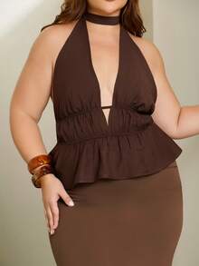 Lele Munniz Atasan Tank Top Camisole Tanpa Punggung Seksi Warna Polos untuk Wanita Ukuran Plus, Atasan Berkerut Leher V Dalam Warna Cokelat Cokelat untuk Musim Panas, Kasual - Chocolate Brown - View 4