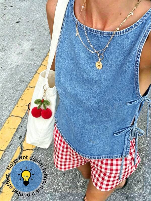 INAWLY Camiseta de tirantes de cuello redondo con estampado efecto denim para vacaciones y playa, talla grande