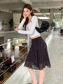 DAZY Women's All-Over Polka Dot Korean Style Spring/Summer Versatile Skirt - Coffee Brown - View 3