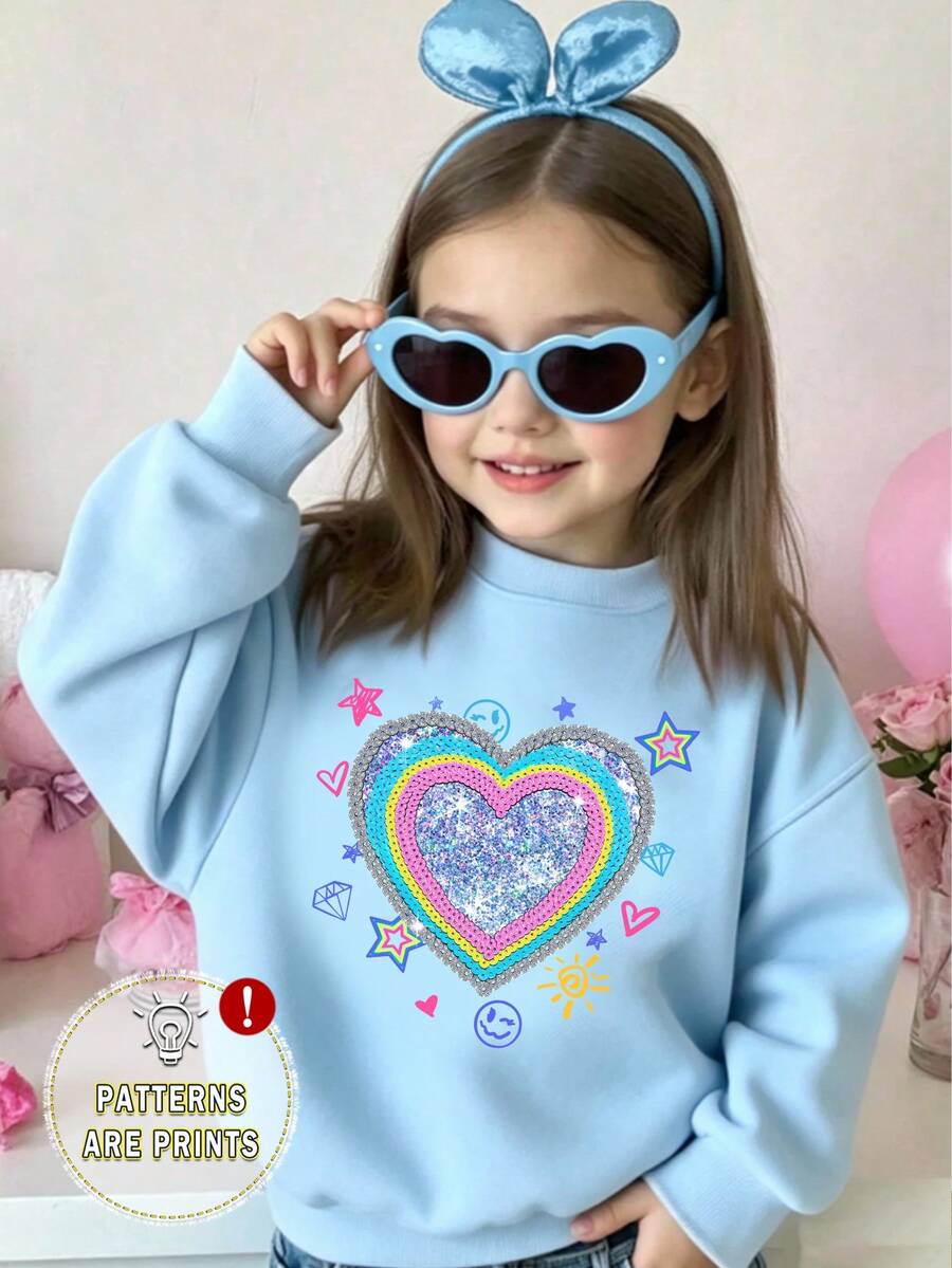 Girls' Fashionable Fresh Colorful Glitter Rainbow Design Printed Basic Crew Neck Sweatshirt - Blue - View 1