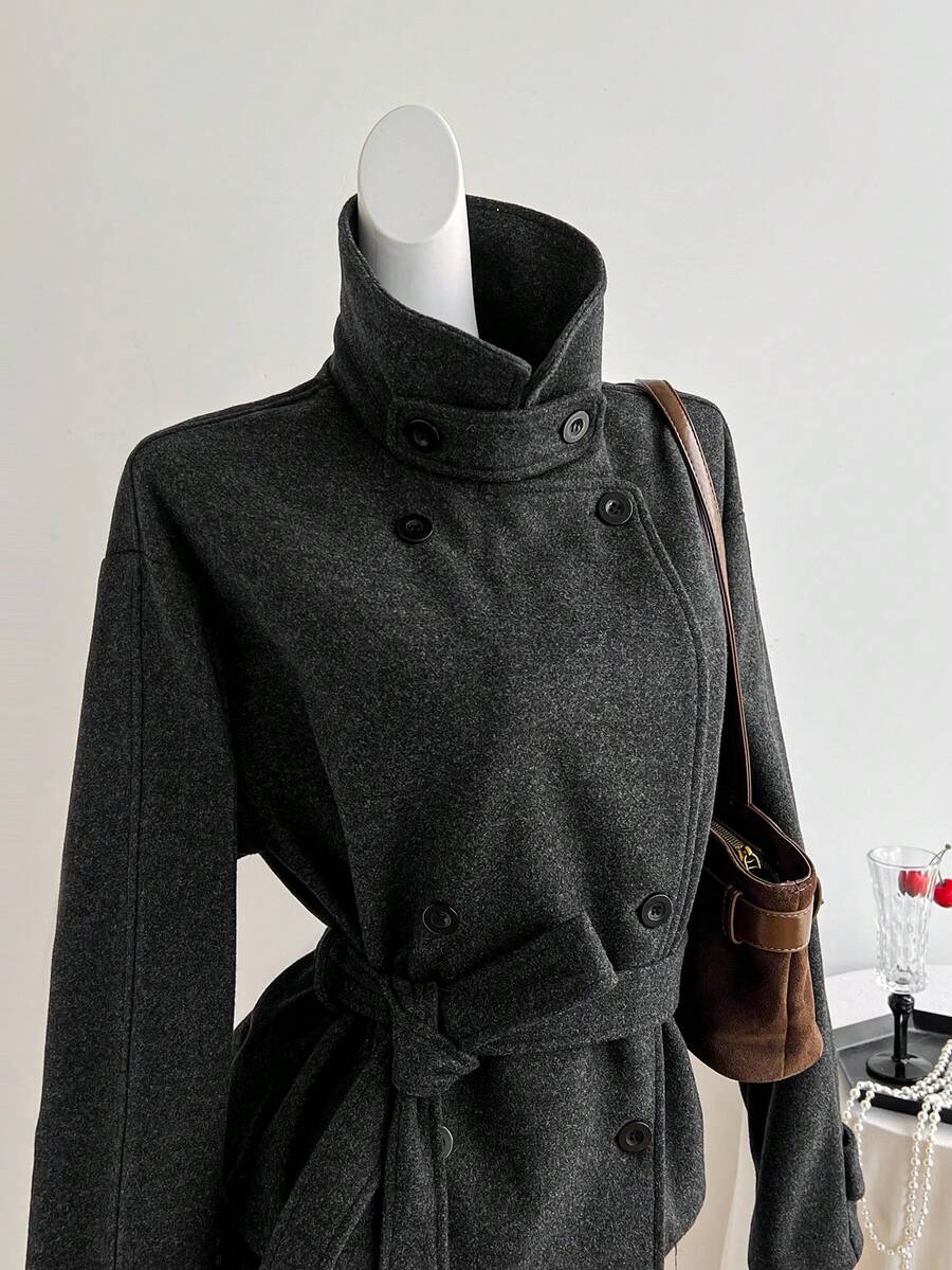 Elamini Women's Autumn New Vintage Silhouette Slimming Concealing Double-Breasted Casual Versatile Chic High-End Overcoat - Grey - View 1