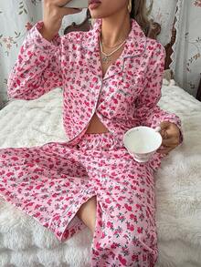 CottageSlumber Romantic Floral Pink Rose Print Long Sleeve Long Pants Collared Pajama Set - Multicolor - View 4