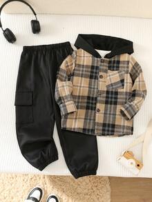SHEIN Kids Young Boy Plaid Hooded Long Sleeve Button-Up Shirt Jacket & Casual Pants 2-Piece Set - Multicolor - View 3