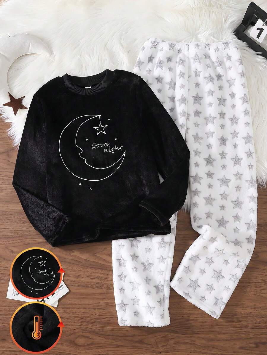 Girls' Moon & Little Star English Word Embroidery Fashion Black Long Sleeve Plush Comfortable Soft Fabric + Little Star All-Over Print Loose Casual Pants Set - Multicolor - View 1