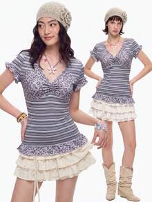 Bloopia Knit Striped Patchwork Grey Leopard Print Short Sleeve Top T-Shirt Summer Y2k Cute Date Night Everyday Autume/Winter Halloween - Multicolor - View 2